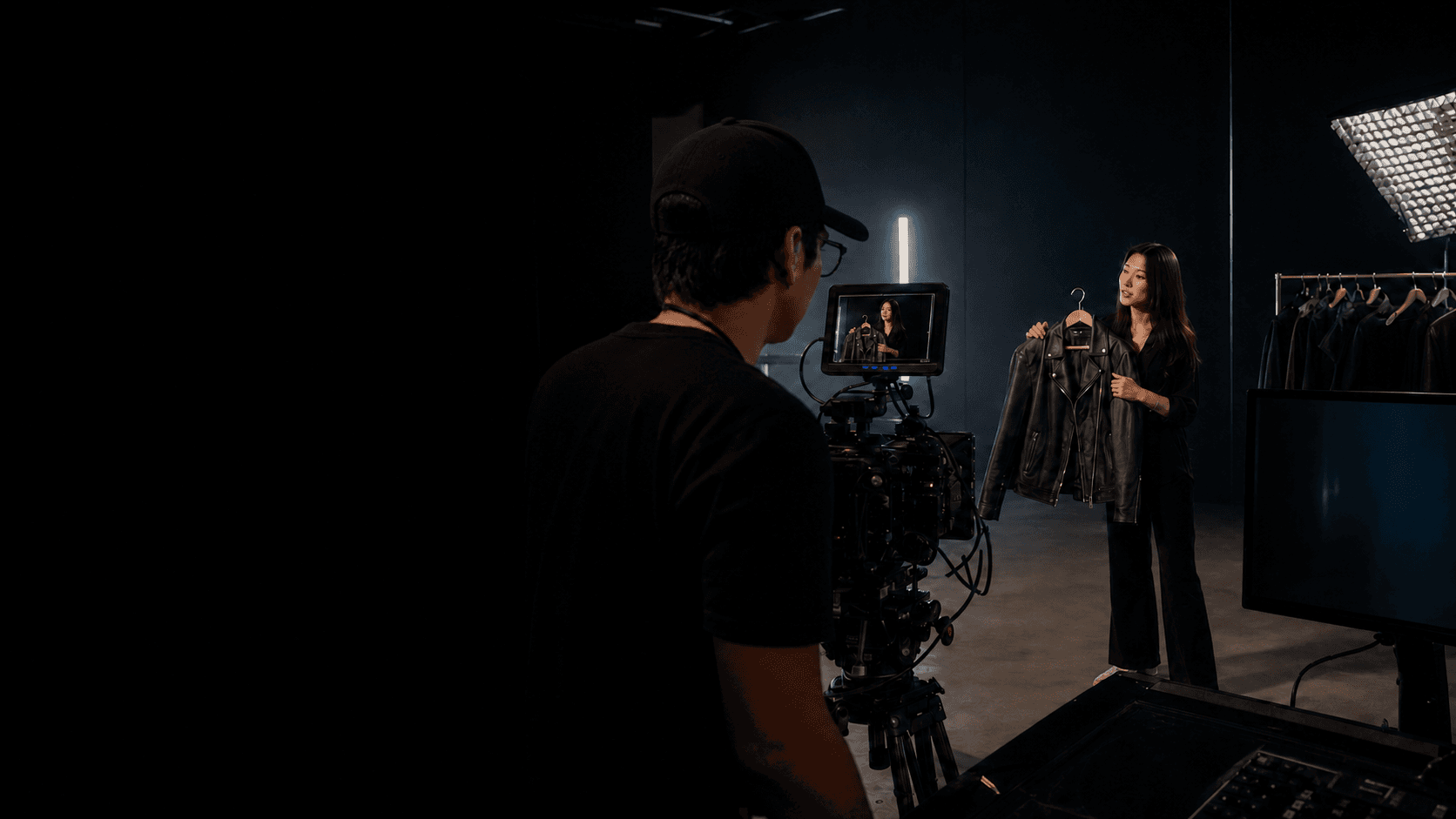 Live commerce presenter showing an unbranded jacket to a studio camera